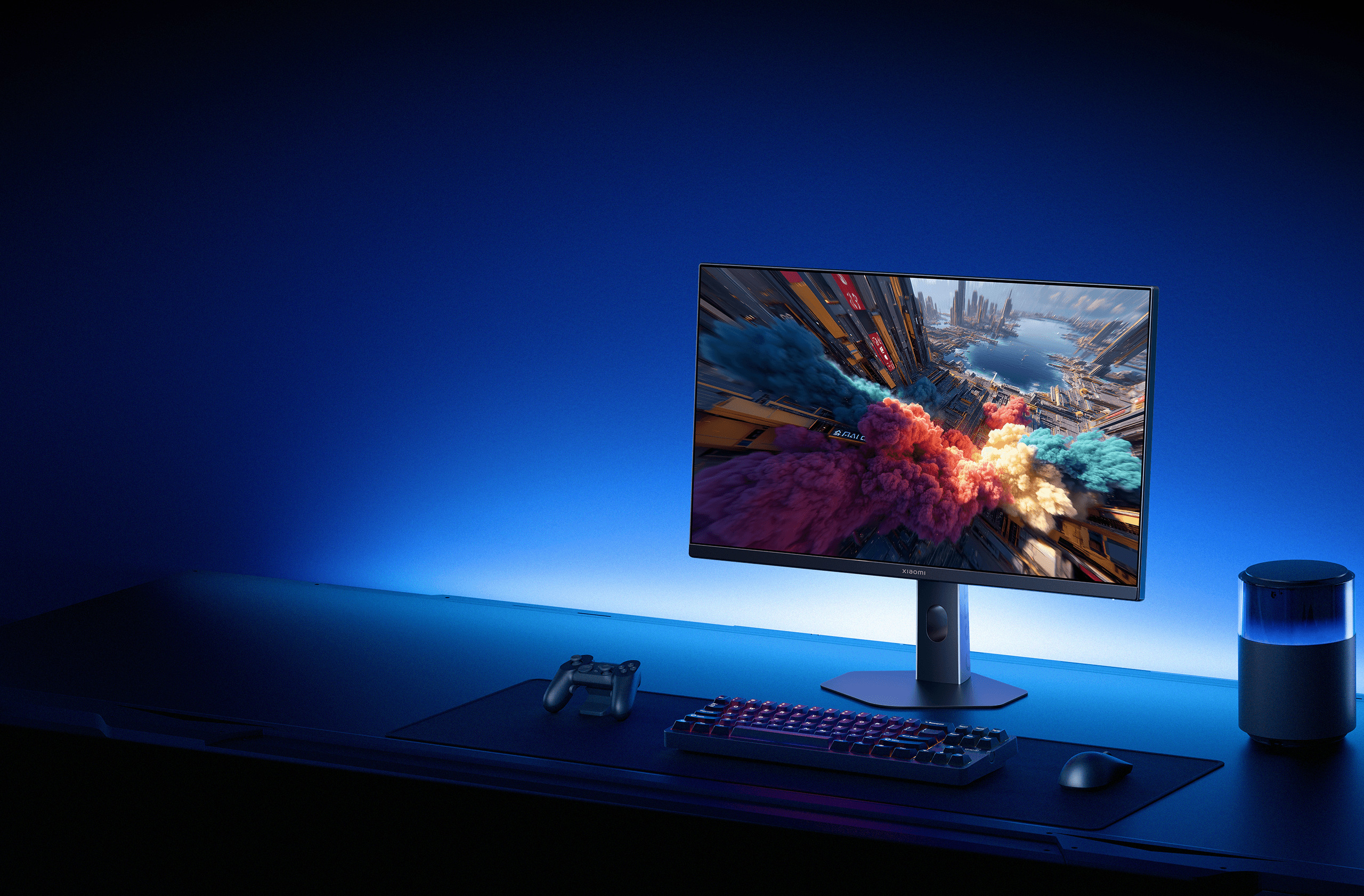 Xiaomi Gaming Monitor G27i 2026 върху геймърско бюро с богати цветове и 95% DCI-P3 обхват