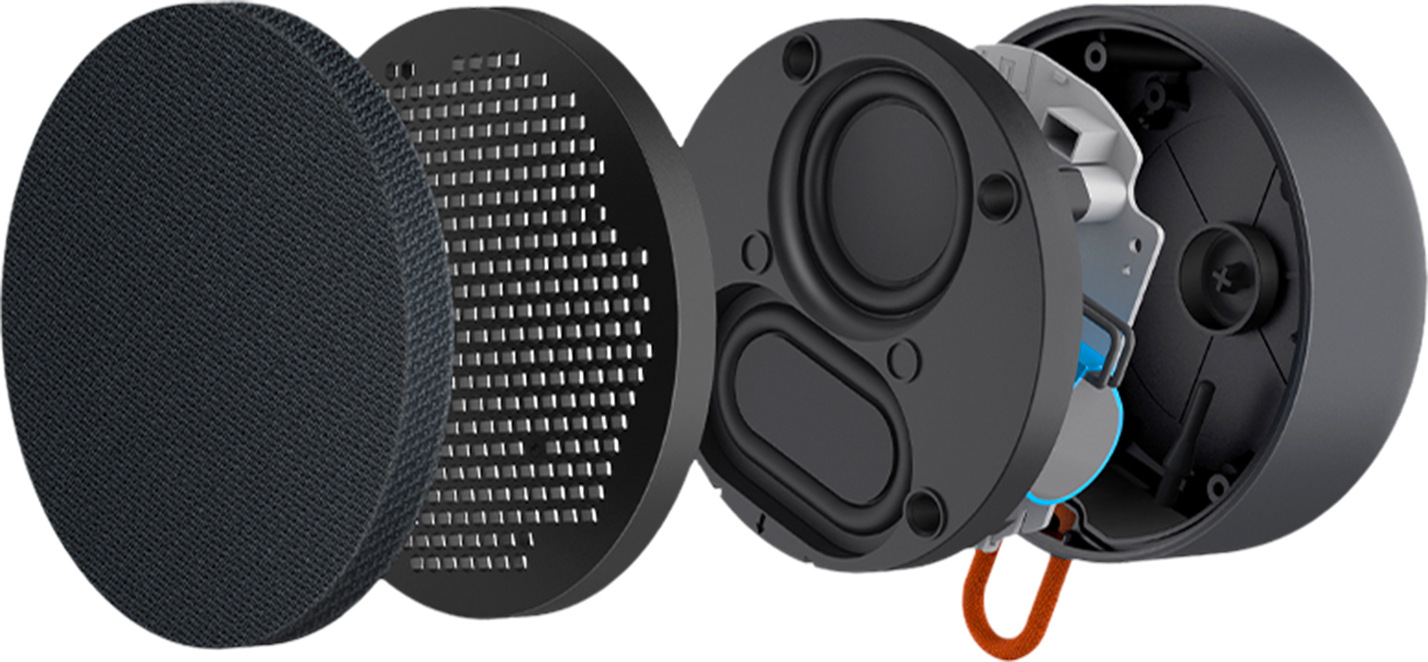 Разглобен изглед на Mi Portable Bluetooth Speaker с двойни говорители и пасивен радиатор