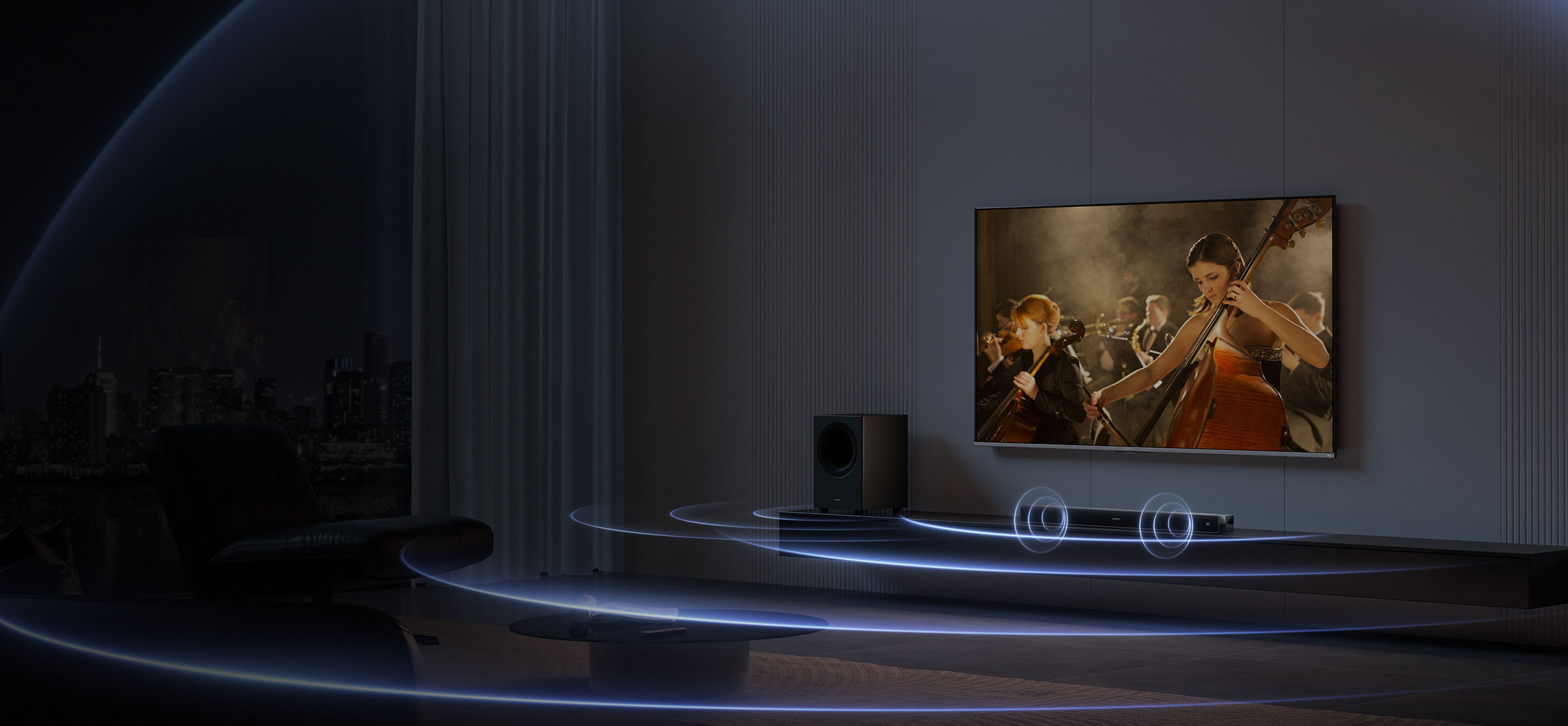 Саундбар Xiaomi Soundbar Pro 2.1 ch NS4-EU с безжичен субуфер във всекидневна с телевизор