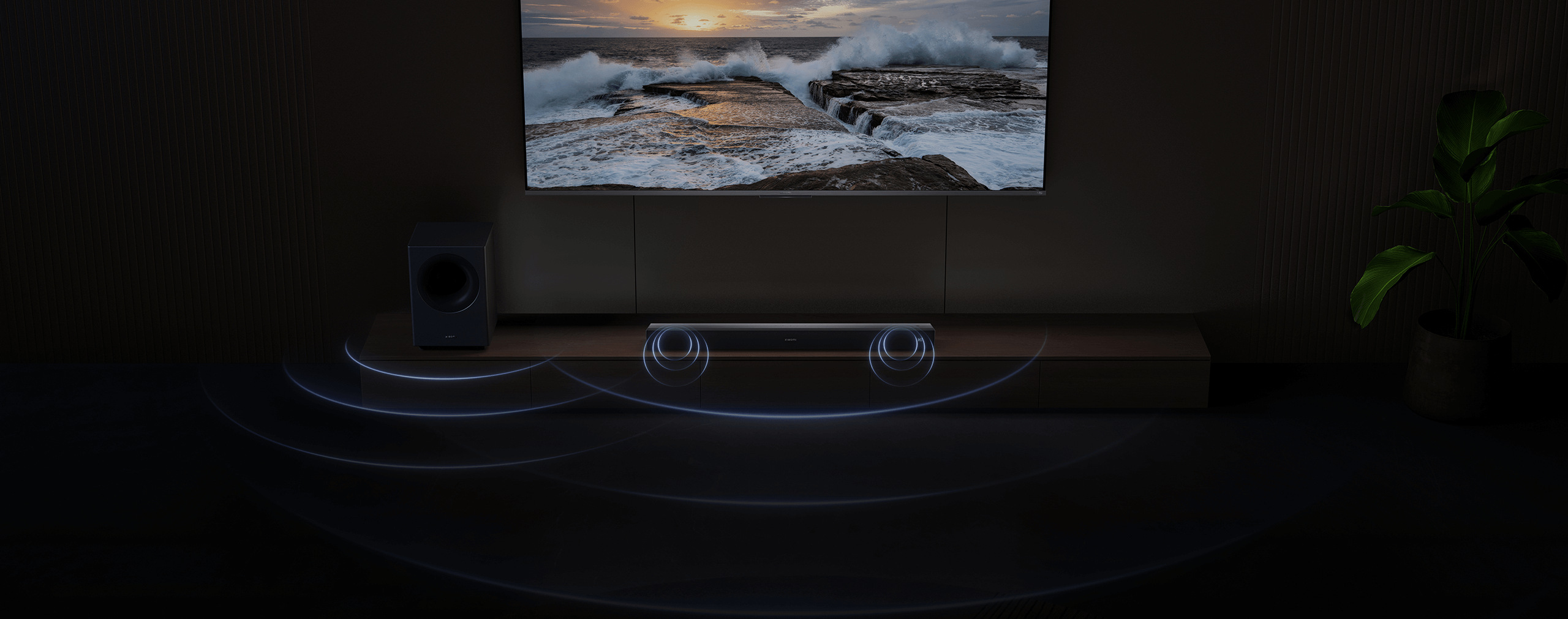Обемен звук от Xiaomi Soundbar Pro 2.1 ch NS4-EU във всекидневна с телевизор