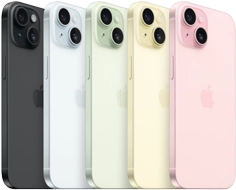 iPhone 15, back view showing advanced camera system and color-infused glass in all finishes: Black, Blue, Green, Yellow, Pink.